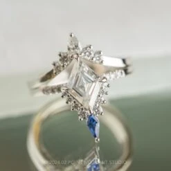 1.88 Carat Lozenge Moissanite And Diamond Engagement Ring, Avaline Setting, Platinum 11 1.88 Carat Lozenge Moissanite And Diamond Engagement Ring, Avaline Setting, Platinum -Point No Point Studio Store 20240202 SFS0078