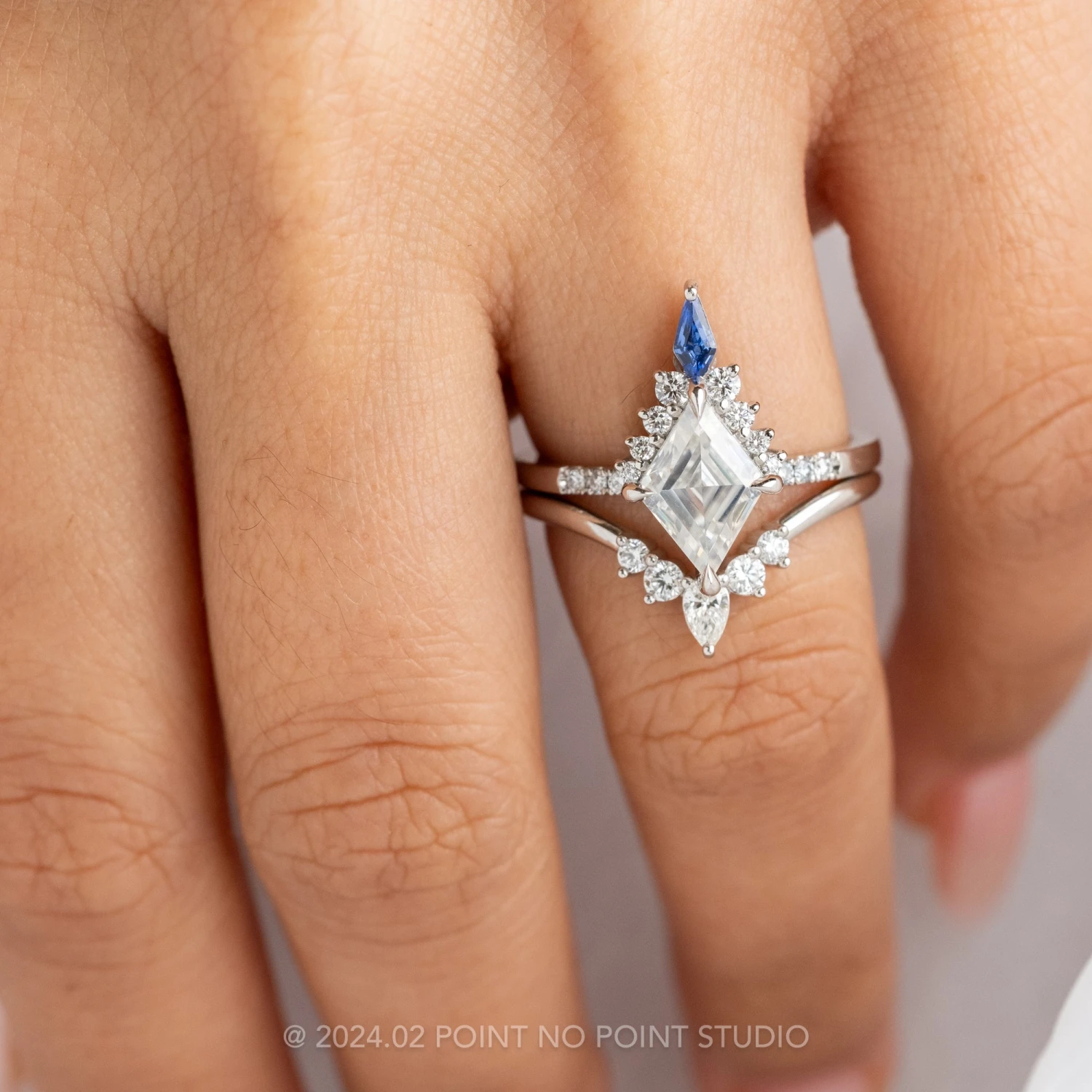 1.88 Carat Lozenge Moissanite And Diamond Engagement Ring, Avaline Setting, Platinum 2 1.88 Carat Lozenge Moissanite And Diamond Engagement Ring, Avaline Setting, Platinum - Image 2