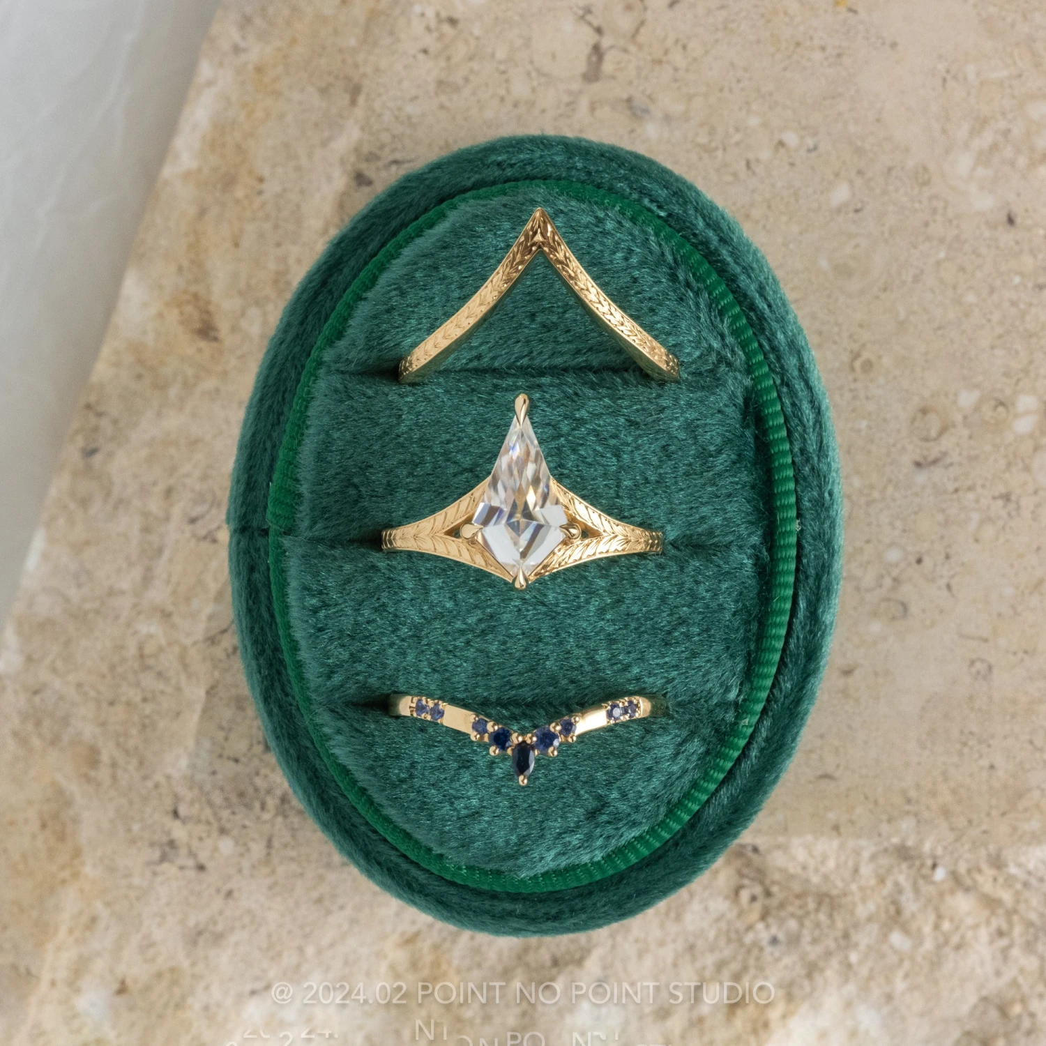 Kite Moissanite Engagement Ring, Split Shank Engraved Jane Setting, 14K Yellow Gold 3 Kite Moissanite Engagement Ring, Split Shank Engraved Jane Setting, 14K Yellow Gold - Image 3