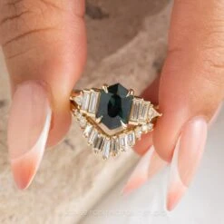 1.53 Carat Teal Hexagon Sapphire And Diamond Engagement Ring, Betty Setting, 14K Yellow Gold -Point No Point Studio Store 20240229 SFS0080