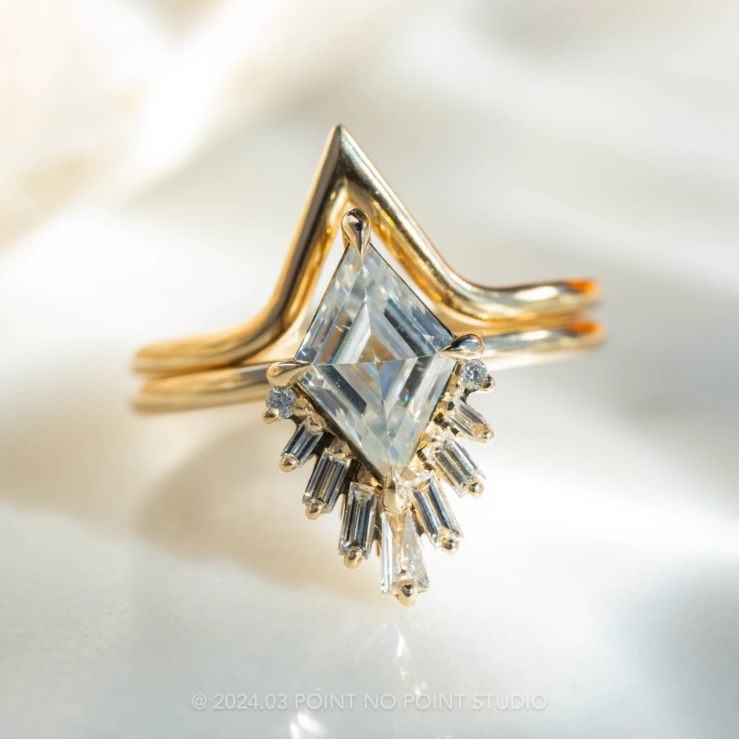 1.40 Carat Lozenge Moissanite And Diamond Engagement Ring, Wren Setting, 14K Yellow Gold 4 1.40 Carat Lozenge Moissanite And Diamond Engagement Ring, Wren Setting, 14K Yellow Gold - Image 4