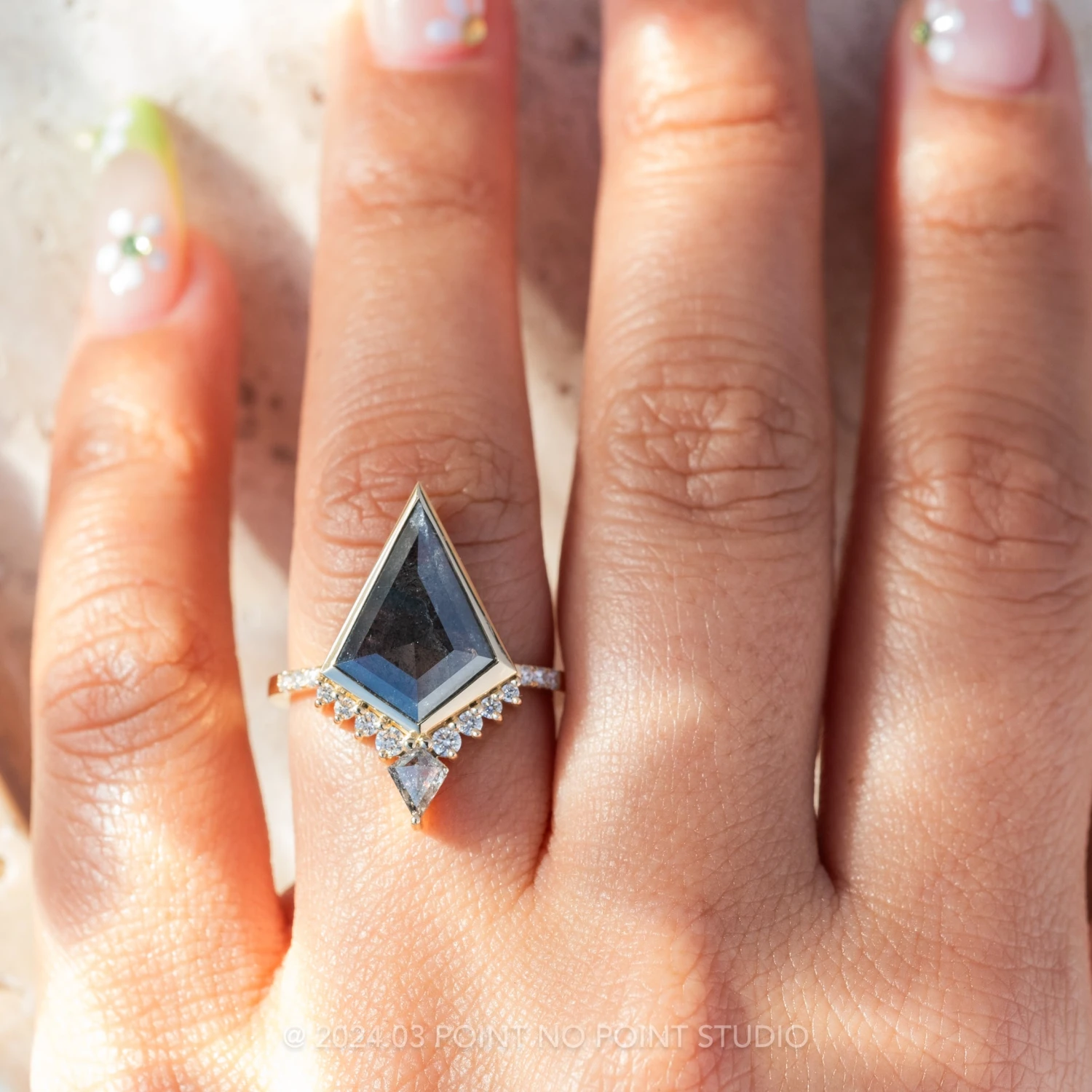 2.08 Carat Black Speckled Kite Diamond Engagement Ring, Bezel Avaline Setting, 14K Yellow Gold 2 2.08 Carat Black Speckled Kite Diamond Engagement Ring, Bezel Avaline Setting, 14K Yellow Gold - Image 2