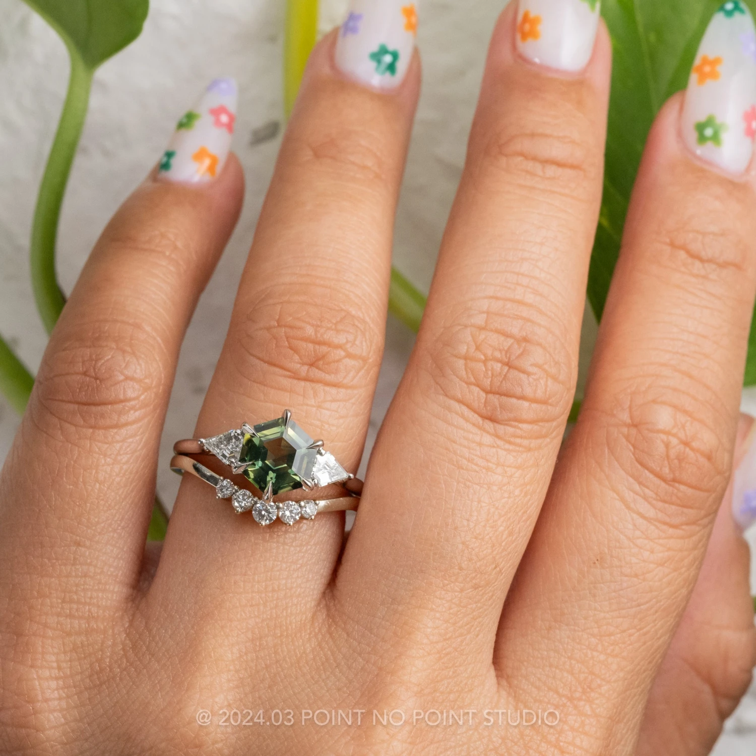 2.23 Carat Green Hexagon Sapphire And Diamond Engagement Ring, Lea Setting, Platinum 2 2.23 Carat Green Hexagon Sapphire And Diamond Engagement Ring, Lea Setting, Platinum - Image 2