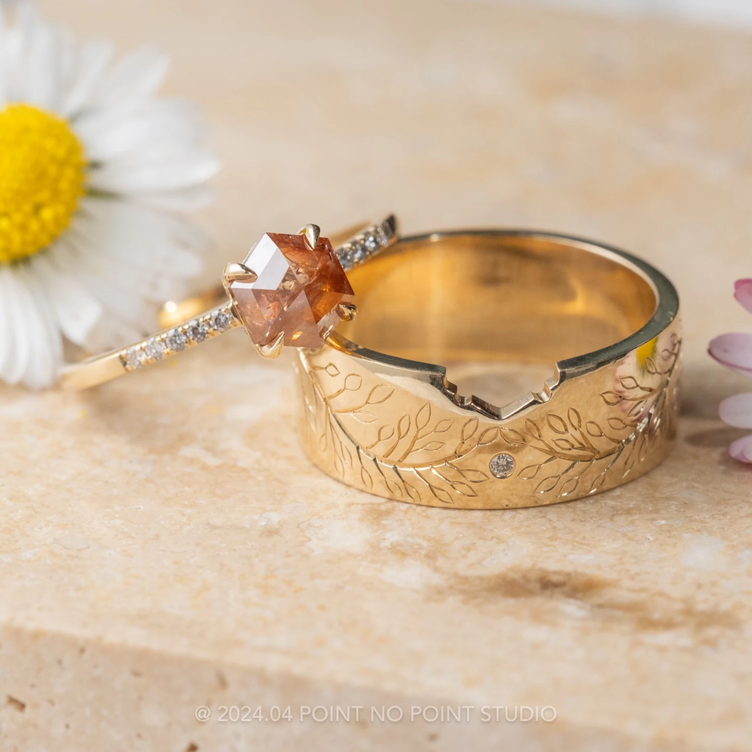 Engraved Single Diamond Ellipse Setting Wedding Ring, 14k Yellow Gold, Polished Finish 2 Engraved Single Diamond Ellipse Setting Wedding Ring, 14k Yellow Gold, Polished Finish - Image 2