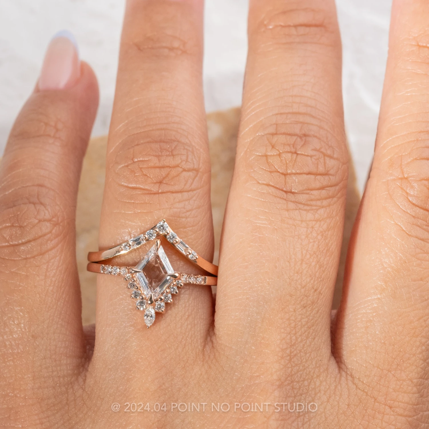 .85 Carat Clear Lozenge Diamond Engagement Ring, Avaline Setting, 14K Rose Gold 2 .85 Carat Clear Lozenge Diamond Engagement Ring, Avaline Setting, 14K Rose Gold - Image 2