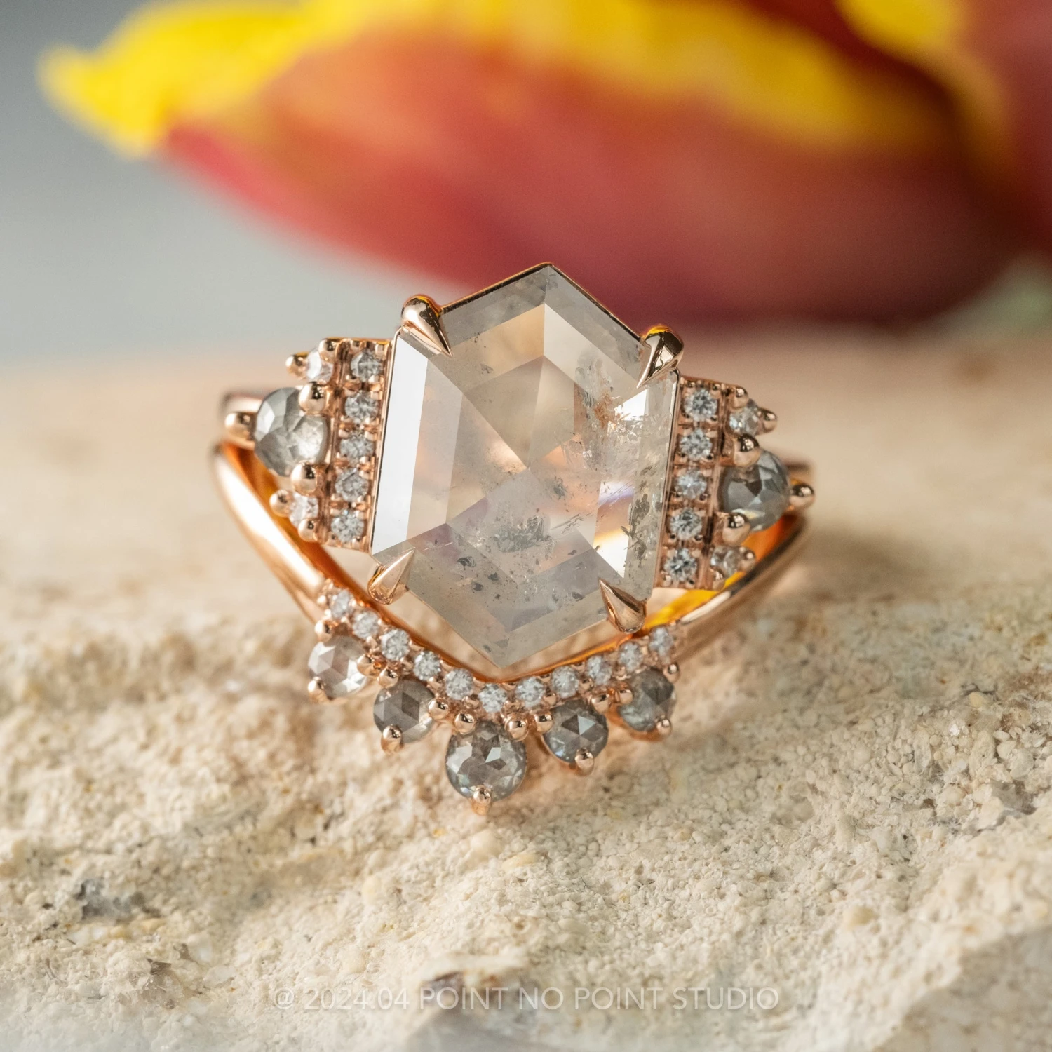 4.14 Carat Icy Grey Hexagon Diamond Engagement Ring, Eleanor Setting, 14K Rose Gold 3 4.14 Carat Icy Grey Hexagon Diamond Engagement Ring, Eleanor Setting, 14K Rose Gold - Image 3