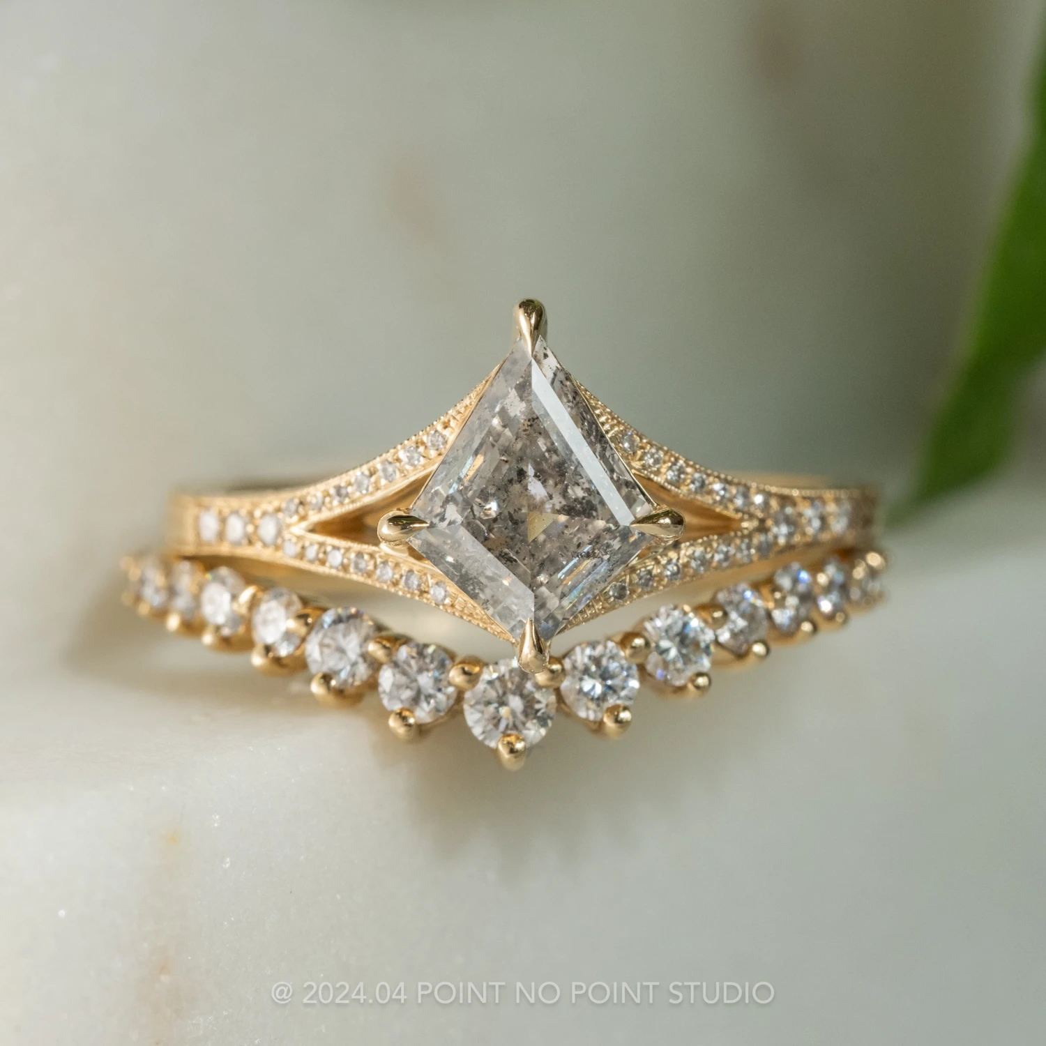 1.42 Carat Canadian Salt And Pepper Kite Diamond Engagement Ring, Engraved River Setting, 14k Yellow Gold 3 1.42 Carat Canadian Salt And Pepper Kite Diamond Engagement Ring, Engraved River Setting, 14k Yellow Gold - Image 3