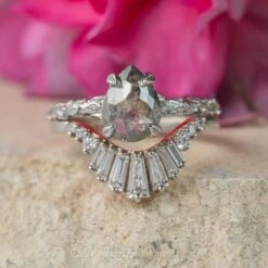 1.70 Carat Salt And Pepper Pear Diamond Engagement Ring, Pixie Setting, Platinum -Point No Point Studio Store 20240426 SFS0048