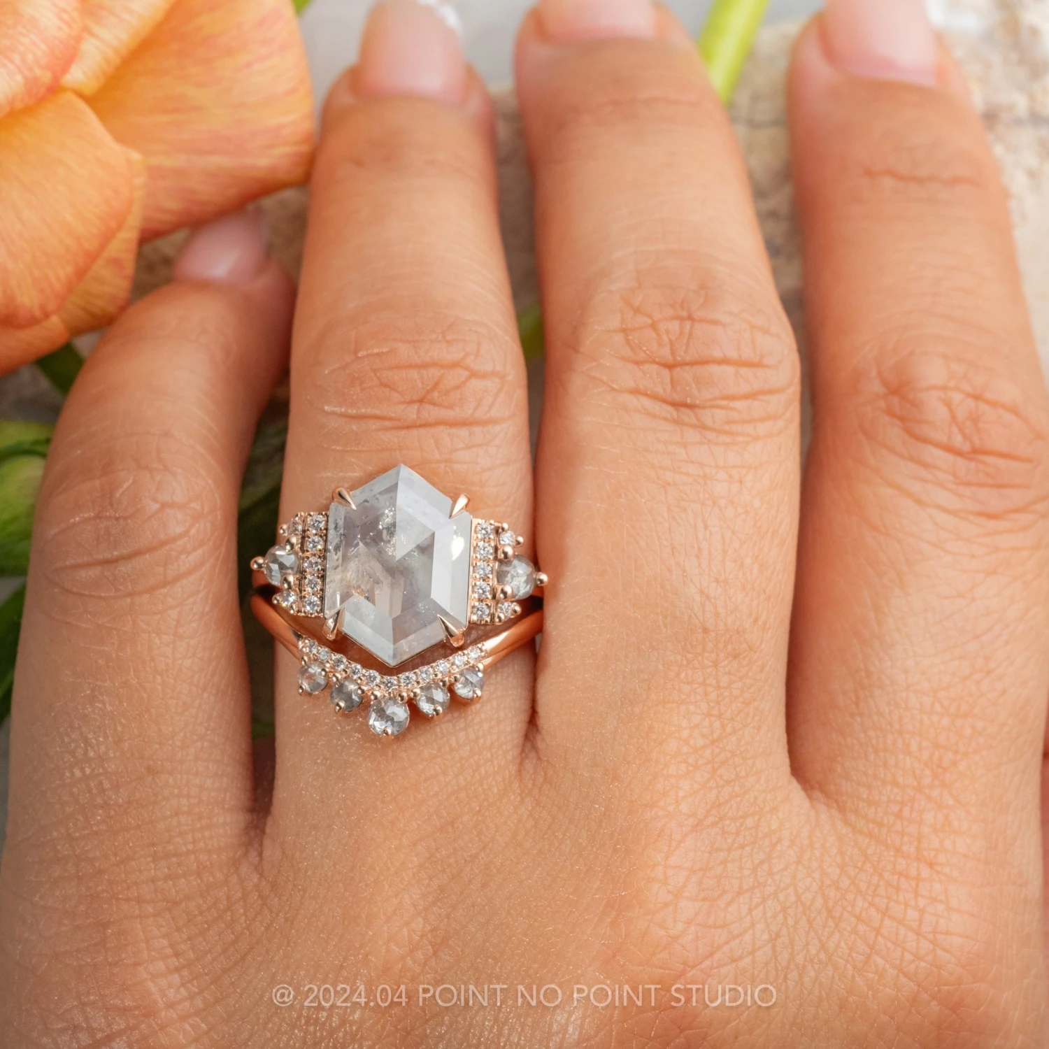 4.14 Carat Icy Grey Hexagon Diamond Engagement Ring, Eleanor Setting, 14K Rose Gold 2 4.14 Carat Icy Grey Hexagon Diamond Engagement Ring, Eleanor Setting, 14K Rose Gold - Image 2