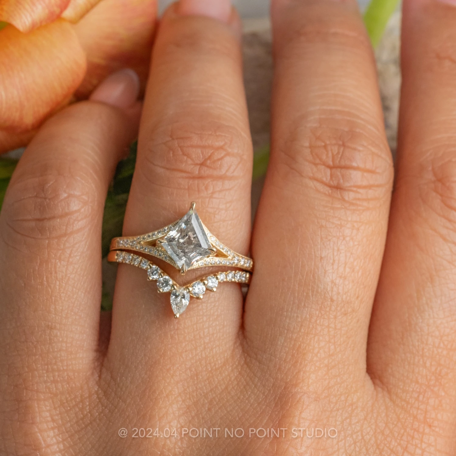 1.42 Carat Canadian Salt And Pepper Kite Diamond Engagement Ring, Engraved River Setting, 14k Yellow Gold 2 1.42 Carat Canadian Salt And Pepper Kite Diamond Engagement Ring, Engraved River Setting, 14k Yellow Gold - Image 2