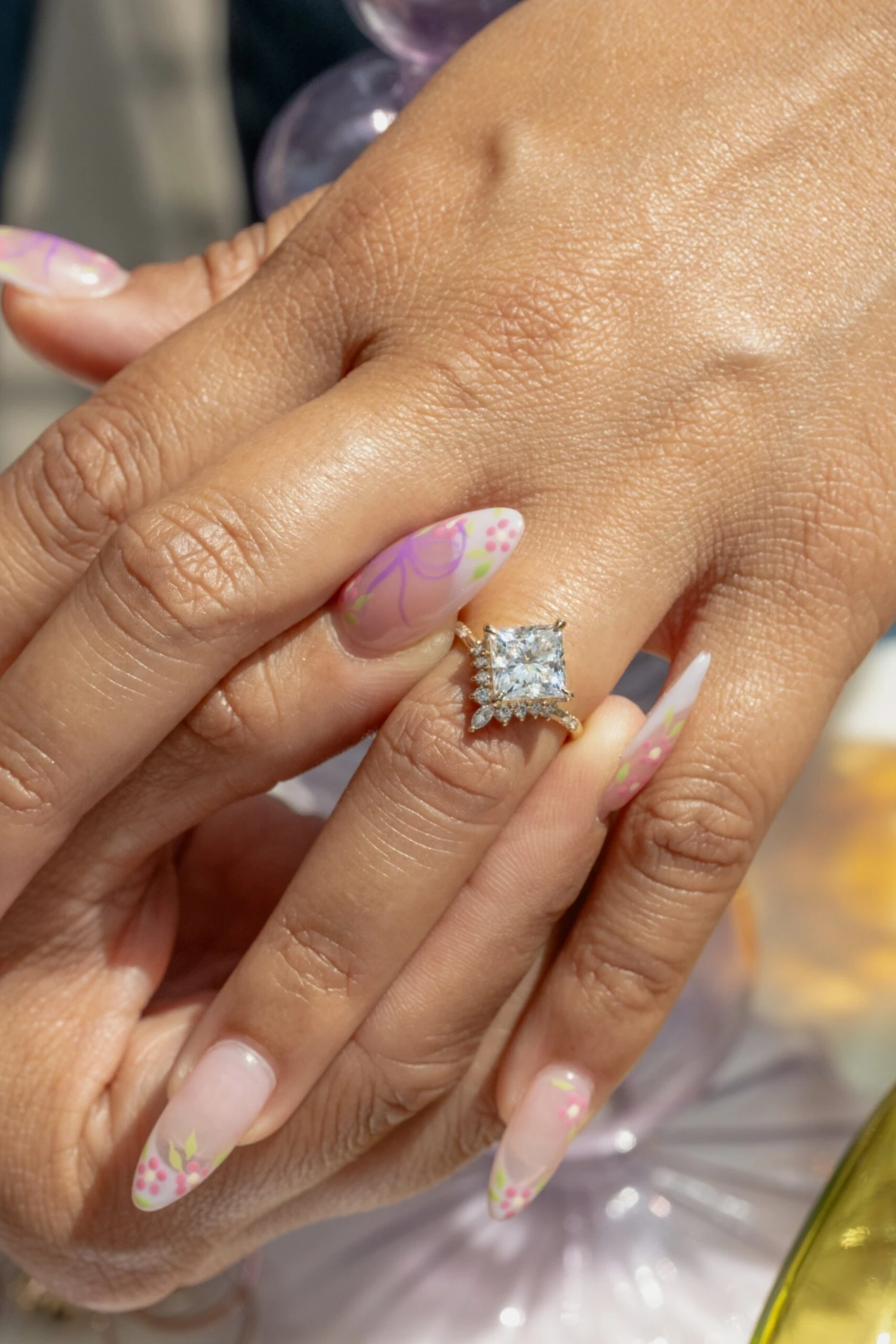 1.91 Carat Princess Cut Moissanite And Diamond Engagement Ring, Flora Setting, 14k Yellow Gold 2 1.91 Carat Princess Cut Moissanite And Diamond Engagement Ring, Flora Setting, 14k Yellow Gold - Image 2