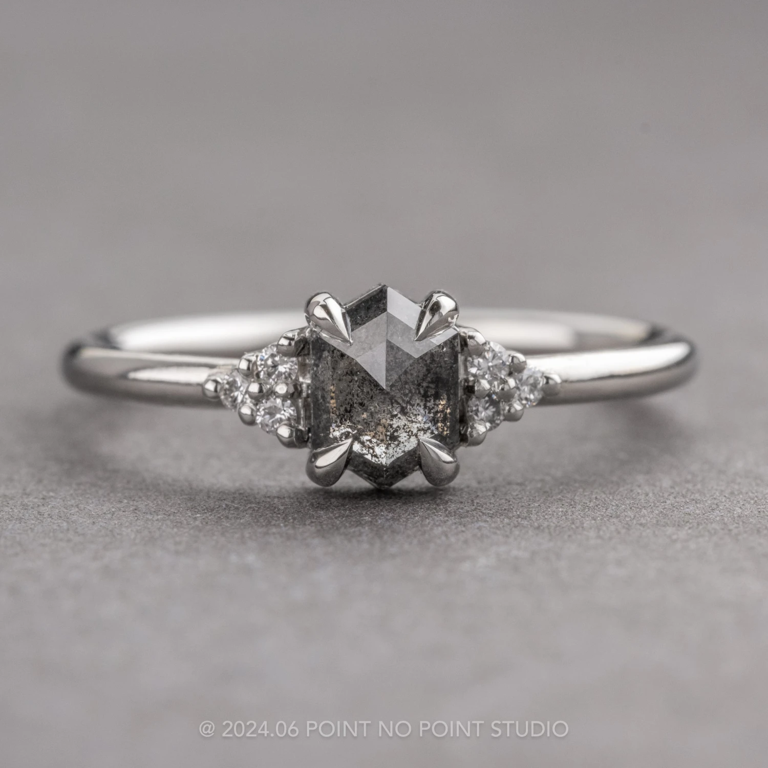 .60 Carat Black Speckled Hexagon Diamond Engagement Ring, Quinn Setting, 14k White Gold 1 .60 Carat Black Speckled Hexagon Diamond Engagement Ring, Quinn Setting, 14k White Gold