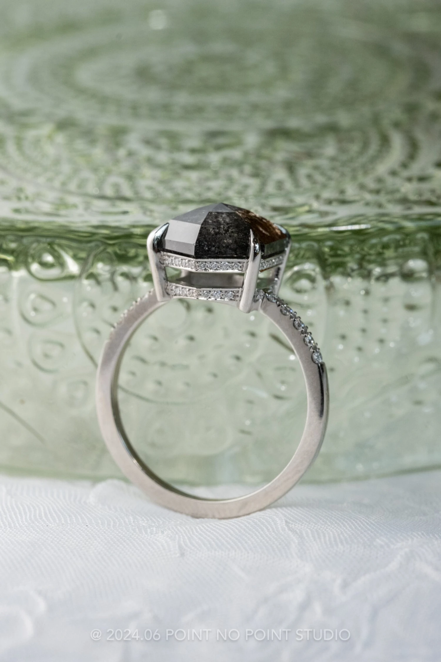 2.57 Carat Black Speckled Hexagon Diamond Engagement Ring, Juliette Setting, 14k White Gold 3 2.57 Carat Black Speckled Hexagon Diamond Engagement Ring, Juliette Setting, 14k White Gold - Image 3