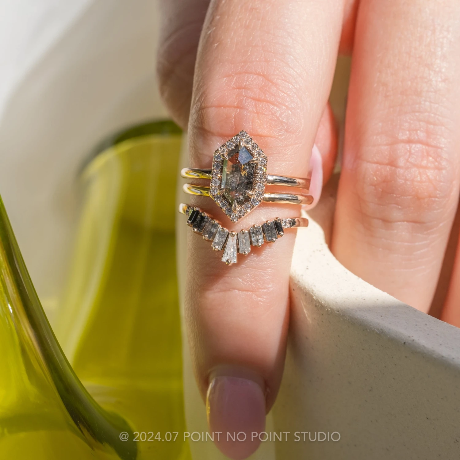 1.48 Carat Black Speckled Hexagon Diamond Engagement Ring, Halo Setting, 14k Rose Gold 2 1.48 Carat Black Speckled Hexagon Diamond Engagement Ring, Halo Setting, 14k Rose Gold - Image 2