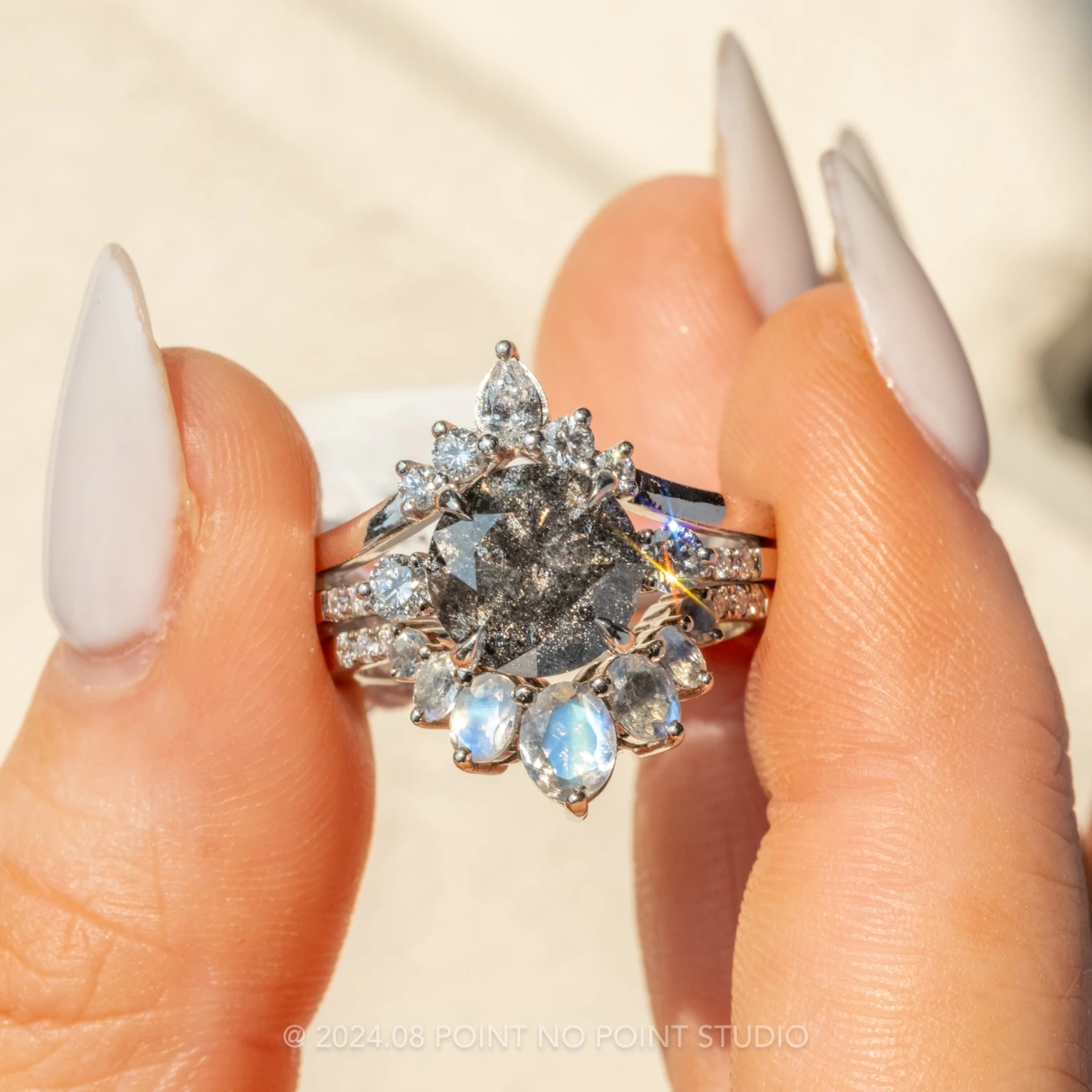 Moonstone And Diamond Wedding Band, Luna Setting, Platinum 6 Moonstone And Diamond Wedding Band, Luna Setting, Platinum - Image 6