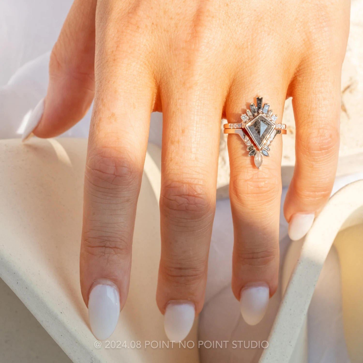 Salt And Pepper Marquise And Baguette Diamond Wedding Ring, Athena Setting, 14k Rose Gold 2 Salt And Pepper Marquise And Baguette Diamond Wedding Ring, Athena Setting, 14k Rose Gold - Image 2