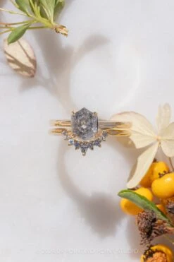 1.73 Carat Canadian Salt And Pepper Hexagon Diamond Engagement Ring, Lark Setting, 14k Yellow Gold -Point No Point Studio Store 20240919 SFS0089