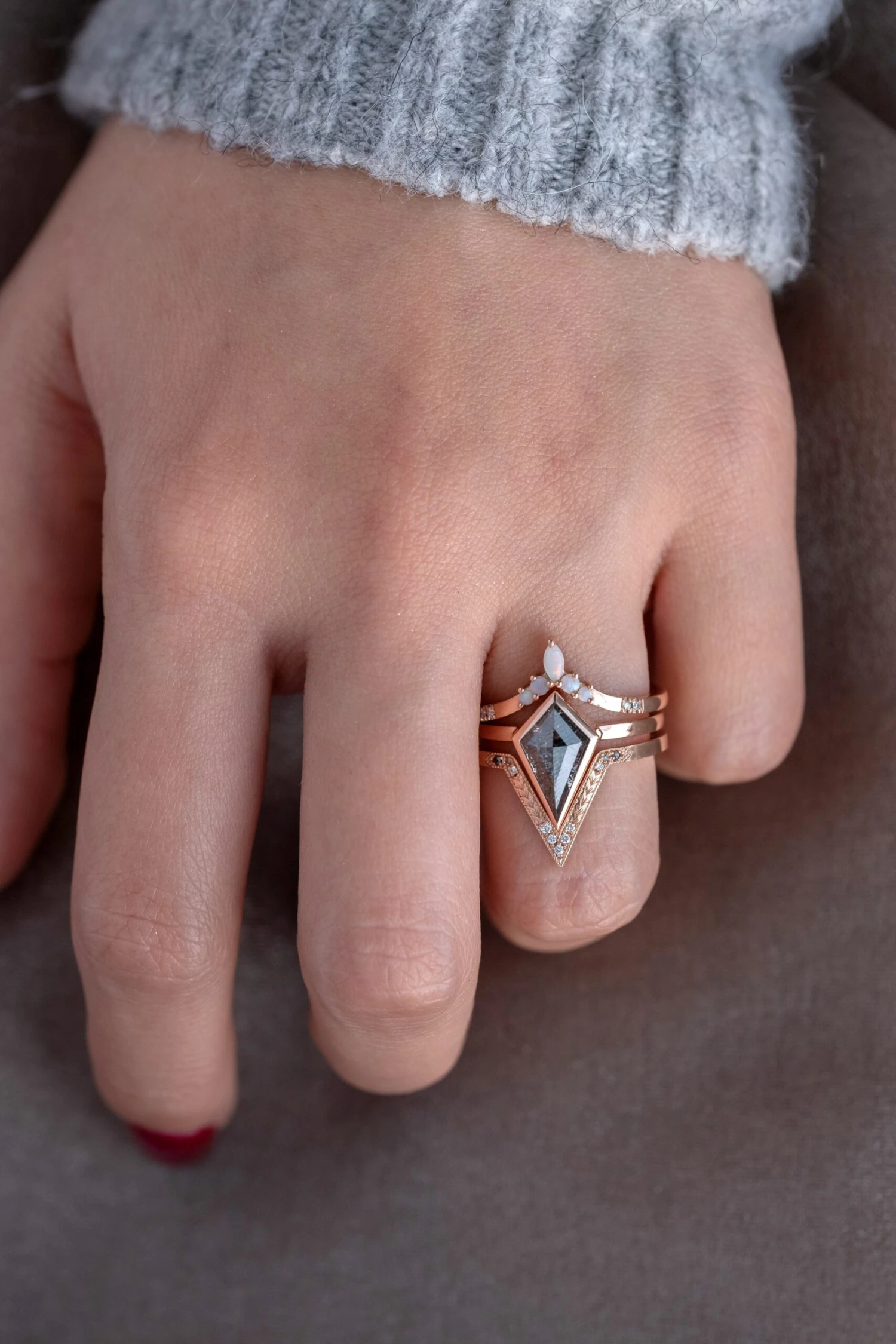 1.67 Carat Black Speckled Kite Diamond Engagement Ring, Bezel Jane Setting, 14K Rose Gold 2 1.67 Carat Black Speckled Kite Diamond Engagement Ring, Bezel Jane Setting, 14K Rose Gold - Image 2