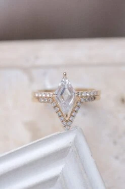 1.30 Carat Lozenge Moissanite Engagement Ring, Jules Setting, 14k Yellow Gold -Point No Point Studio Store 20241108 SFS0133