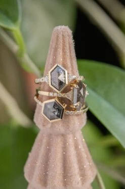 1.37 Carat Salt And Pepper Hexagon Diamond Engagement Ring, Bezel Eliza Setting, 14k Yellow Gold -Point No Point Studio Store 20241115 SFS0069