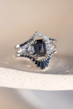 2.03 Carat Black Speckled Emerald Shaped Diamond Engagement Ring, Eloise Setting, 14k White Gold -Point No Point Studio Store 20241115 SFS0093