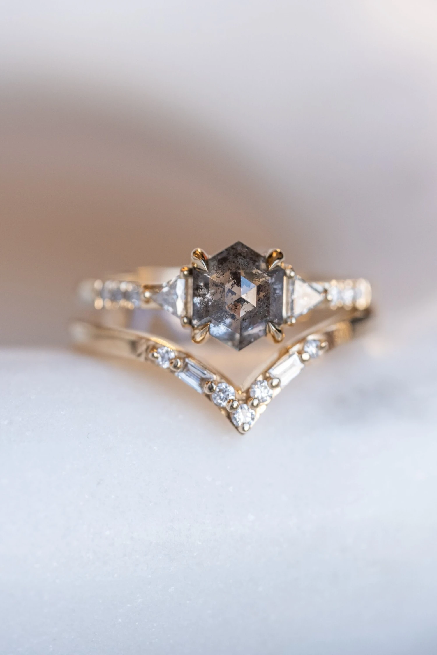 1.31 Carat Salt And Pepper Hexagon Diamond Engagement Ring, Eliza Setting, 14K Yellow Gold 3 1.31 Carat Salt And Pepper Hexagon Diamond Engagement Ring, Eliza Setting, 14K Yellow Gold - Image 3