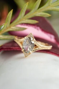 1.56 Carat Salt And Pepper Oval Diamond Engagement Ring, Engraved Arwen Setting, 14K Yellow Gold 12 1.56 Carat Salt And Pepper Oval Diamond Engagement Ring, Engraved Arwen Setting, 14K Yellow Gold -Point No Point Studio Store 20241126 SFS0045