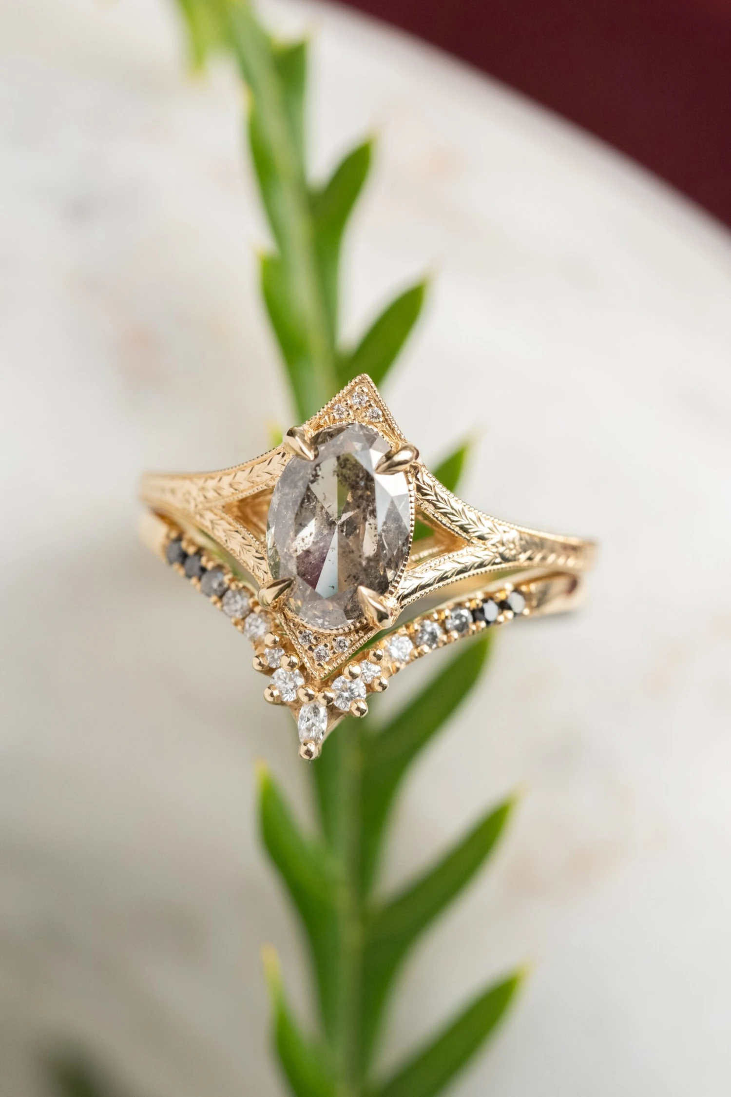 1.56 Carat Salt And Pepper Oval Diamond Engagement Ring, Engraved Arwen Setting, 14K Yellow Gold 3 1.56 Carat Salt And Pepper Oval Diamond Engagement Ring, Engraved Arwen Setting, 14K Yellow Gold - Image 3