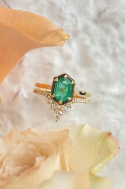 1.34 Carat Hexagon Emerald Engagement Ring, Cadre Setting, 14k Yellow Gold -Point No Point Studio Store 20241126 SFS0052