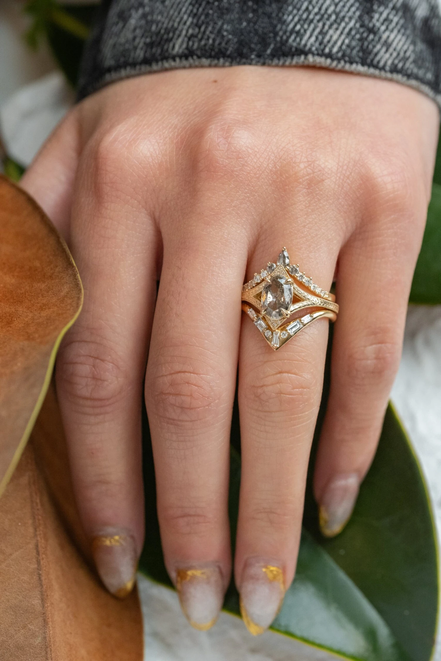 1.56 Carat Salt And Pepper Oval Diamond Engagement Ring, Engraved Arwen Setting, 14K Yellow Gold 2 1.56 Carat Salt And Pepper Oval Diamond Engagement Ring, Engraved Arwen Setting, 14K Yellow Gold - Image 2