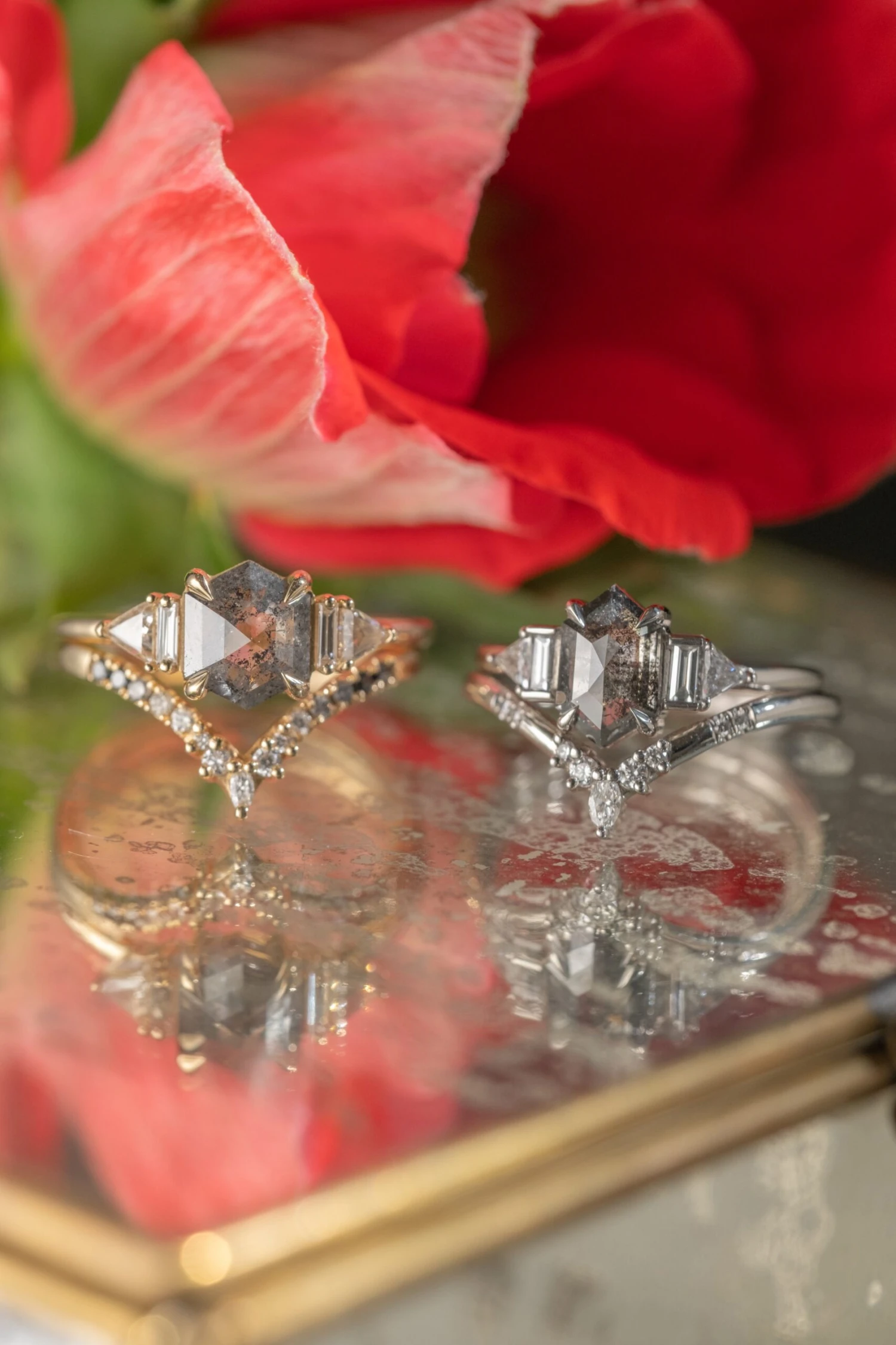 1.79 Carat Salt And Pepper Hexagon Diamond Engagement Ring, Beatrice Setting, 14k Yellow Gold 3 1.79 Carat Salt And Pepper Hexagon Diamond Engagement Ring, Beatrice Setting, 14k Yellow Gold - Image 3