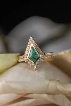 1.85 Carat Kite Emerald And Diamond Engagement Ring, Bezel Avaline Setting, 14k Yellow Gold -Point No Point Studio Store 20250103 SFS0112
