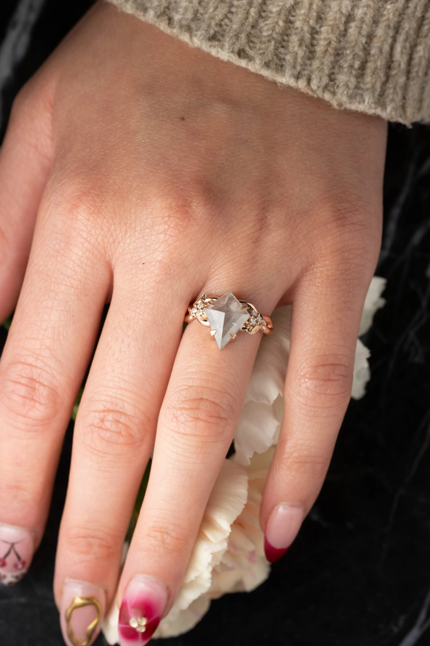 2.96 Carat Icy Grey Kite Diamond Engagement Ring, Leaf Quinn Setting, 14k Rose Gold 2 2.96 Carat Icy Grey Kite Diamond Engagement Ring, Leaf Quinn Setting, 14k Rose Gold - Image 2