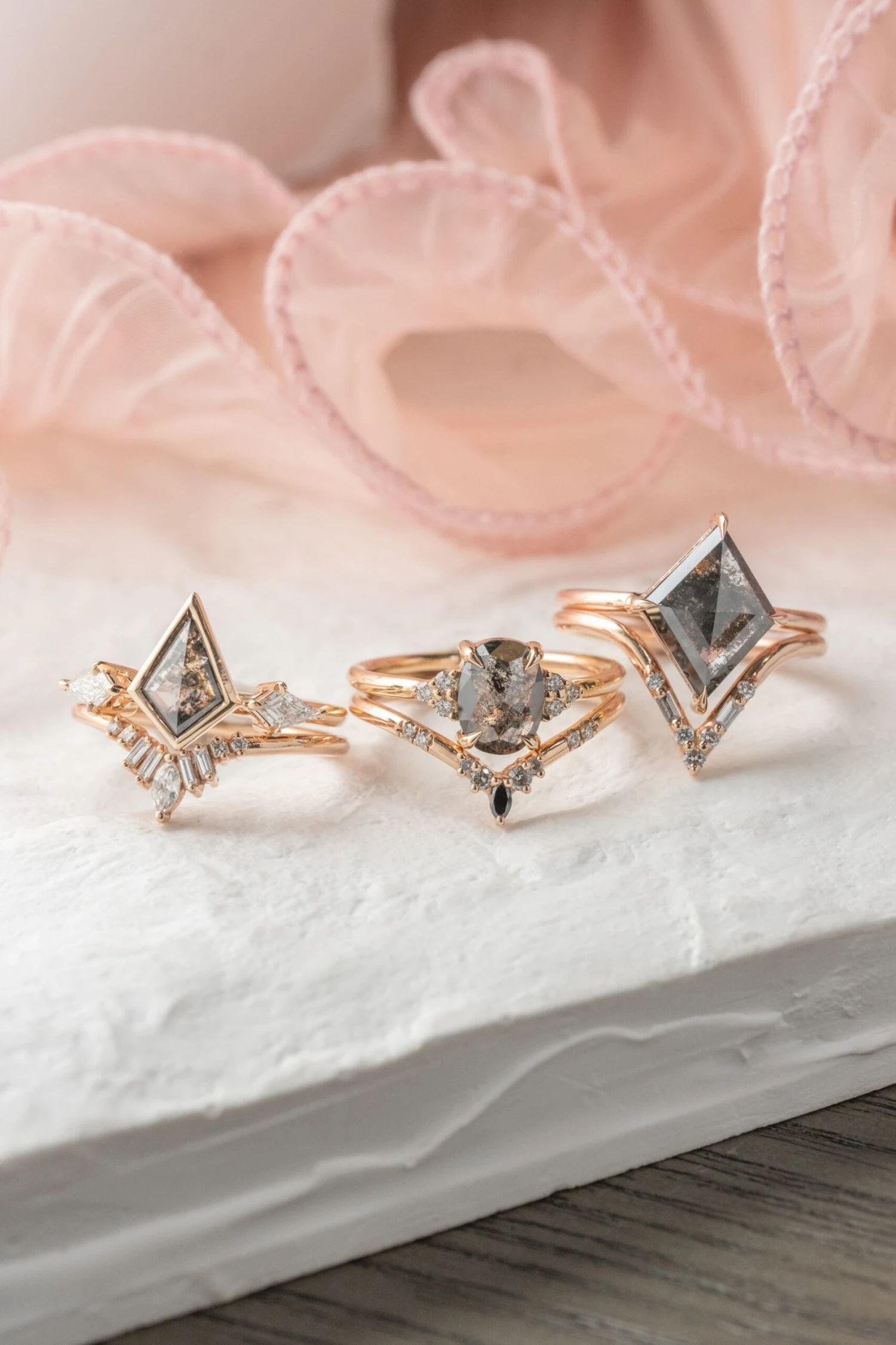 3.22 Carat Black Speckled Lozenge Diamond Engagement Ring, Jade Setting, 14K Rose Gold 5 3.22 Carat Black Speckled Lozenge Diamond Engagement Ring, Jade Setting, 14K Rose Gold - Image 5