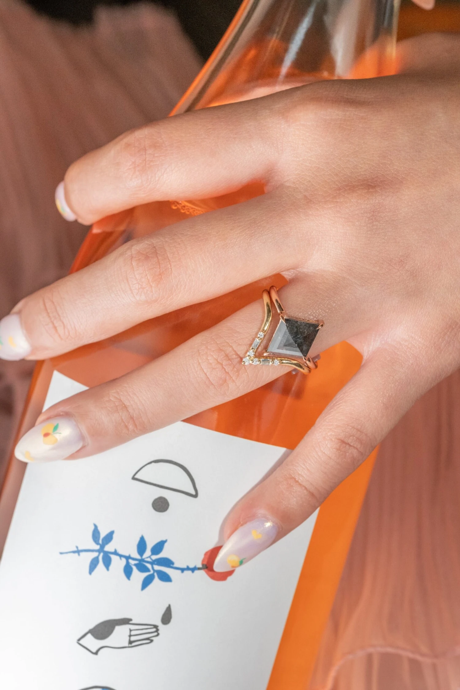 3.22 Carat Black Speckled Lozenge Diamond Engagement Ring, Jade Setting, 14K Rose Gold 2 3.22 Carat Black Speckled Lozenge Diamond Engagement Ring, Jade Setting, 14K Rose Gold - Image 2