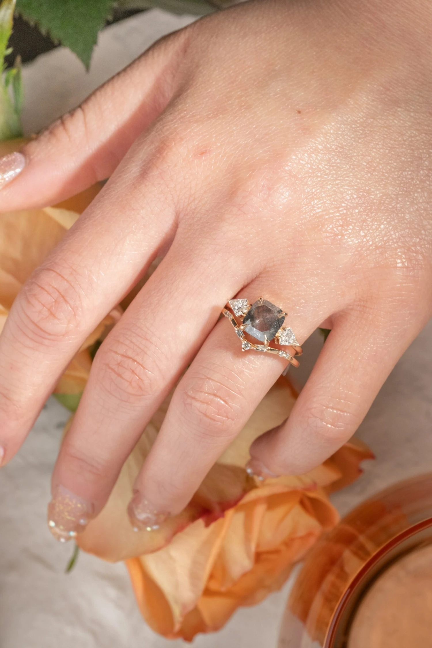 2.59 Carat Black Speckled Asscher Diamond Engagement Ring, Zoe Setting, 14K Peach Gold 2 2.59 Carat Black Speckled Asscher Diamond Engagement Ring, Zoe Setting, 14K Peach Gold - Image 2