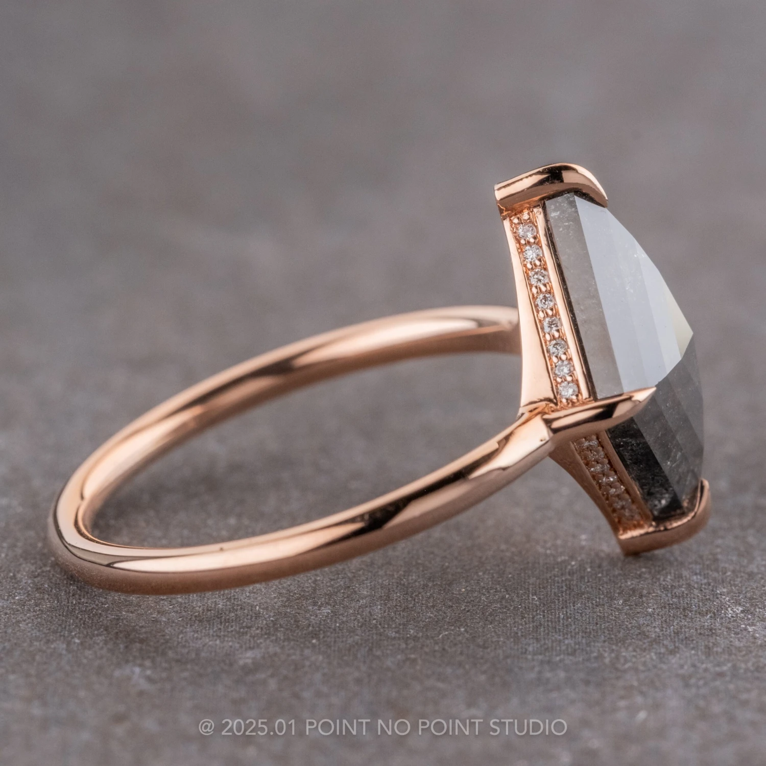 3.22 Carat Black Speckled Lozenge Diamond Engagement Ring, Jade Setting, 14K Rose Gold 6 3.22 Carat Black Speckled Lozenge Diamond Engagement Ring, Jade Setting, 14K Rose Gold - Image 6