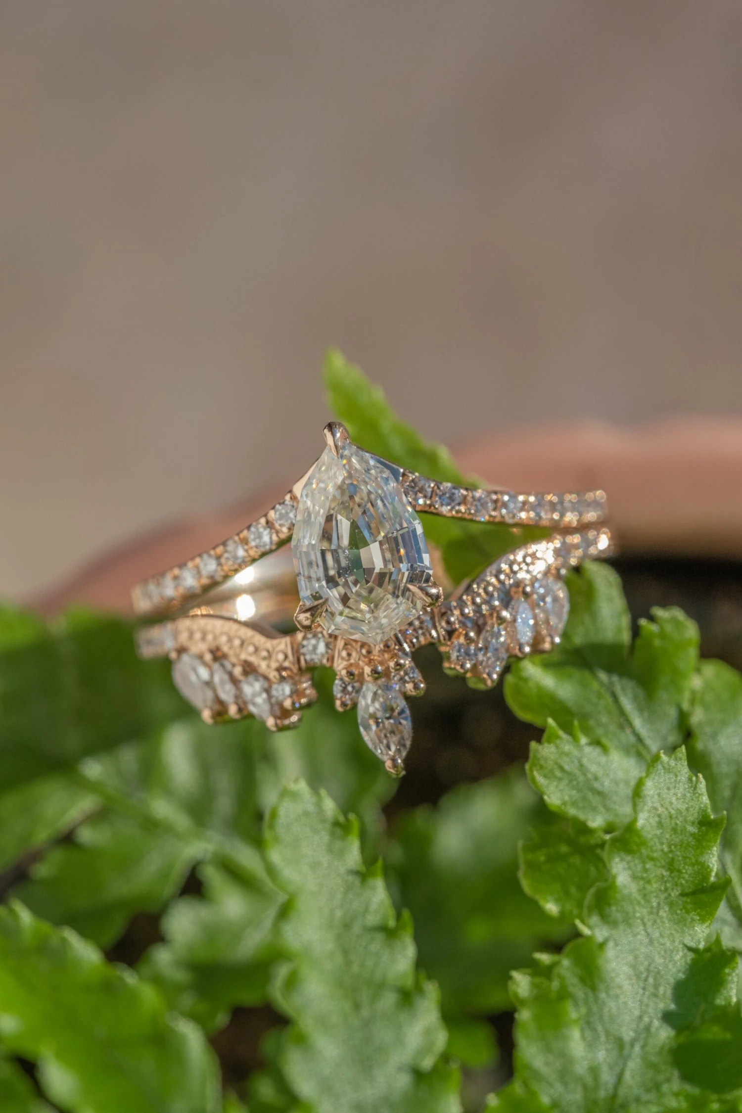 Marquise Diamond Wedding Band, Aziza Setting, 14k Peach Gold 6 Marquise Diamond Wedding Band, Aziza Setting, 14k Peach Gold - Image 6