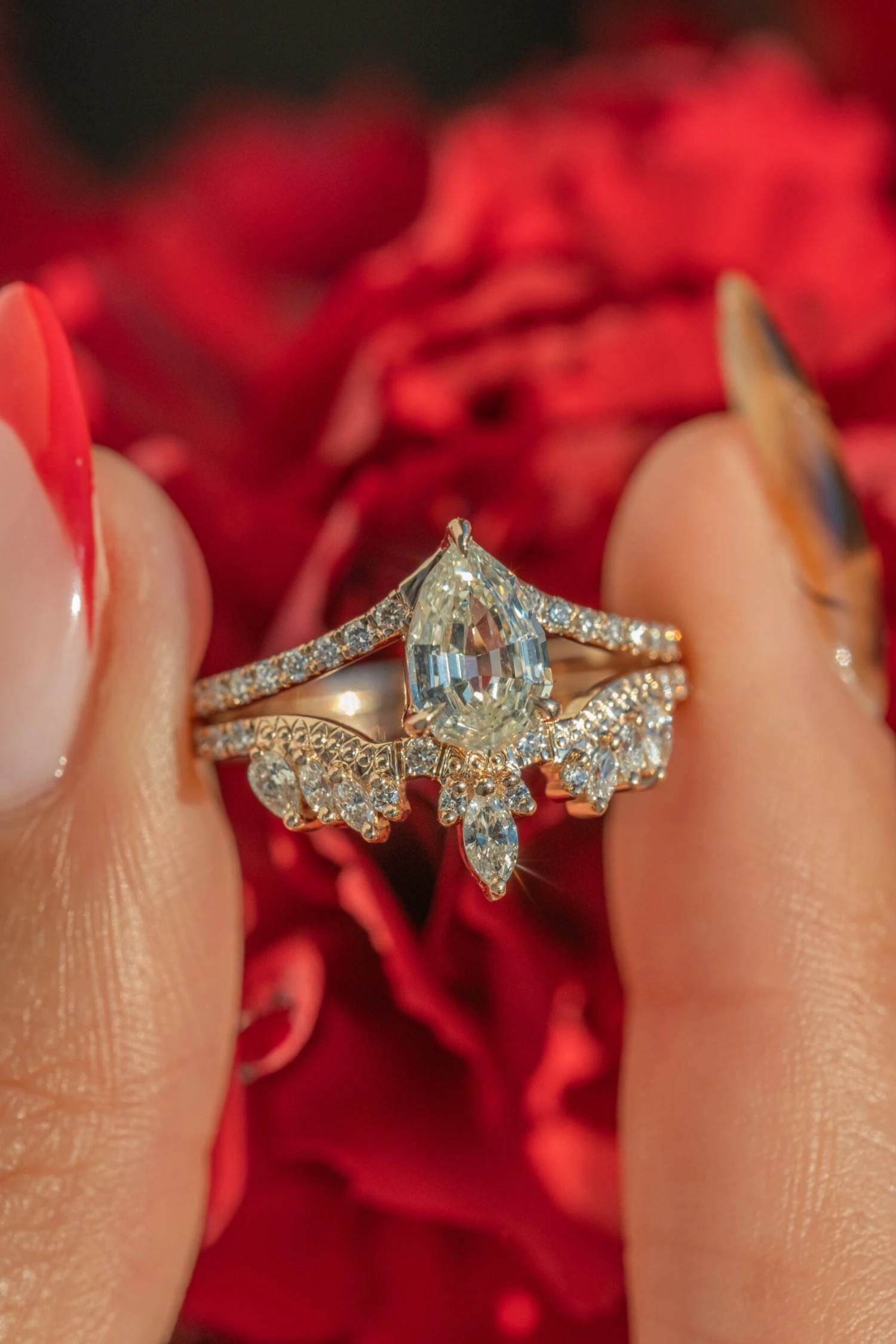 Marquise Diamond Wedding Band, Aziza Setting, 14k Peach Gold 5 Marquise Diamond Wedding Band, Aziza Setting, 14k Peach Gold - Image 5