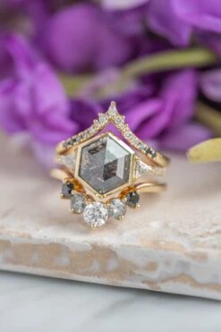 2.50 Carat Black Speckled Hexagon Diamond Engagement Ring, Bezel Eliza Setting, 14k Yellow Gold -Point No Point Studio Store 20250219 SFS0061