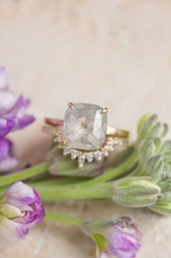 4.57 Carat Icy White Cushion Diamond Engagement Ring, Jane Setting, 14K Yellow Gold -Point No Point Studio Store 20250219 SFS0064