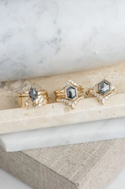 2.50 Carat Black Speckled Hexagon Diamond Engagement Ring, Bezel Eliza Setting, 14k Yellow Gold -Point No Point Studio Store 20250219 SFS0071