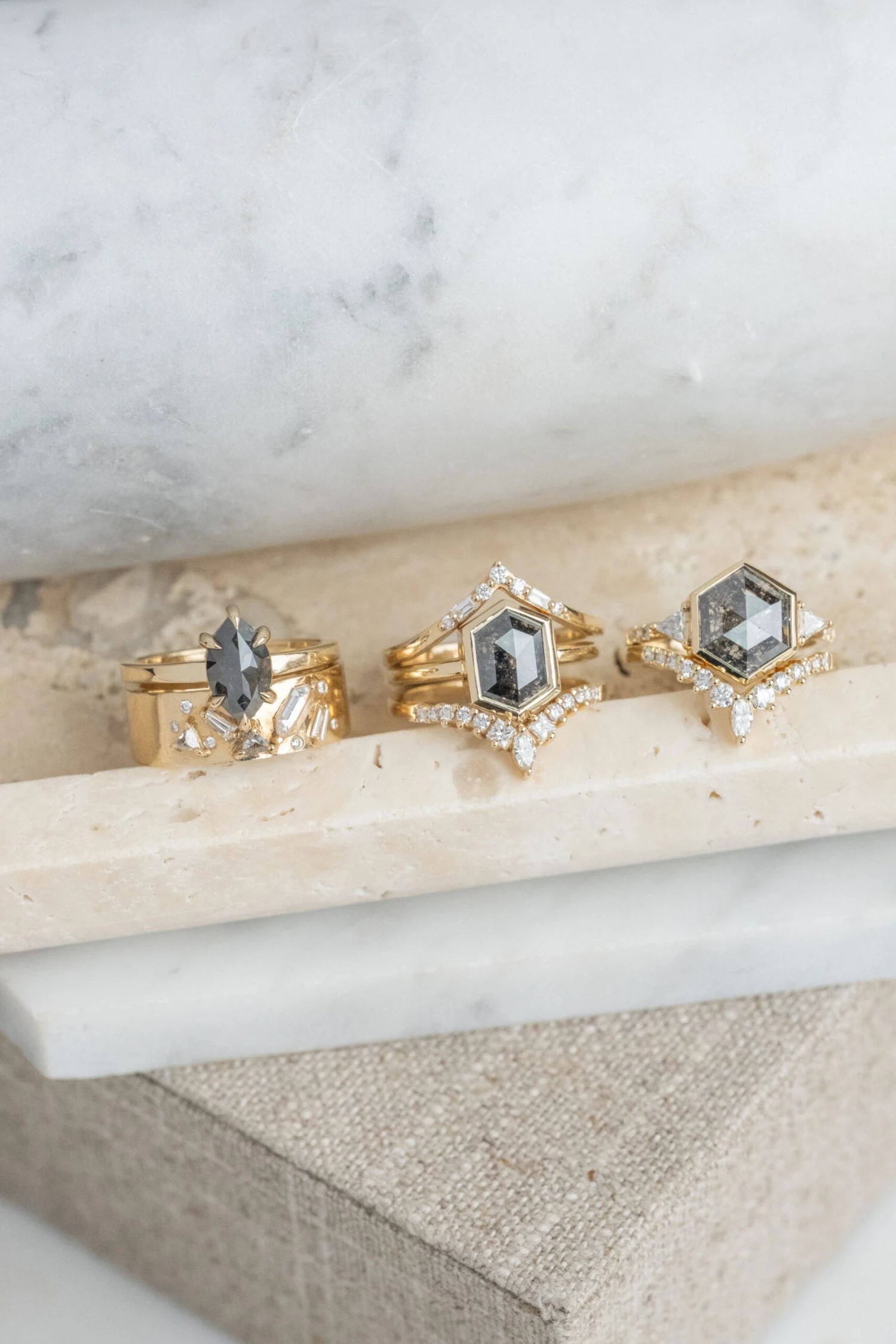 2.21 Carat Black Speckled Hexagon Diamond Engagement Ring, Bezel Jane Setting, 14k Yellow Gold 4 2.21 Carat Black Speckled Hexagon Diamond Engagement Ring, Bezel Jane Setting, 14k Yellow Gold - Image 4