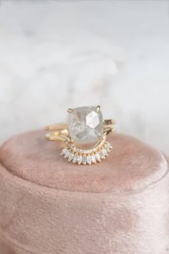 4.57 Carat Icy White Cushion Diamond Engagement Ring, Jane Setting, 14K Yellow Gold -Point No Point Studio Store 20250219 SFS0083