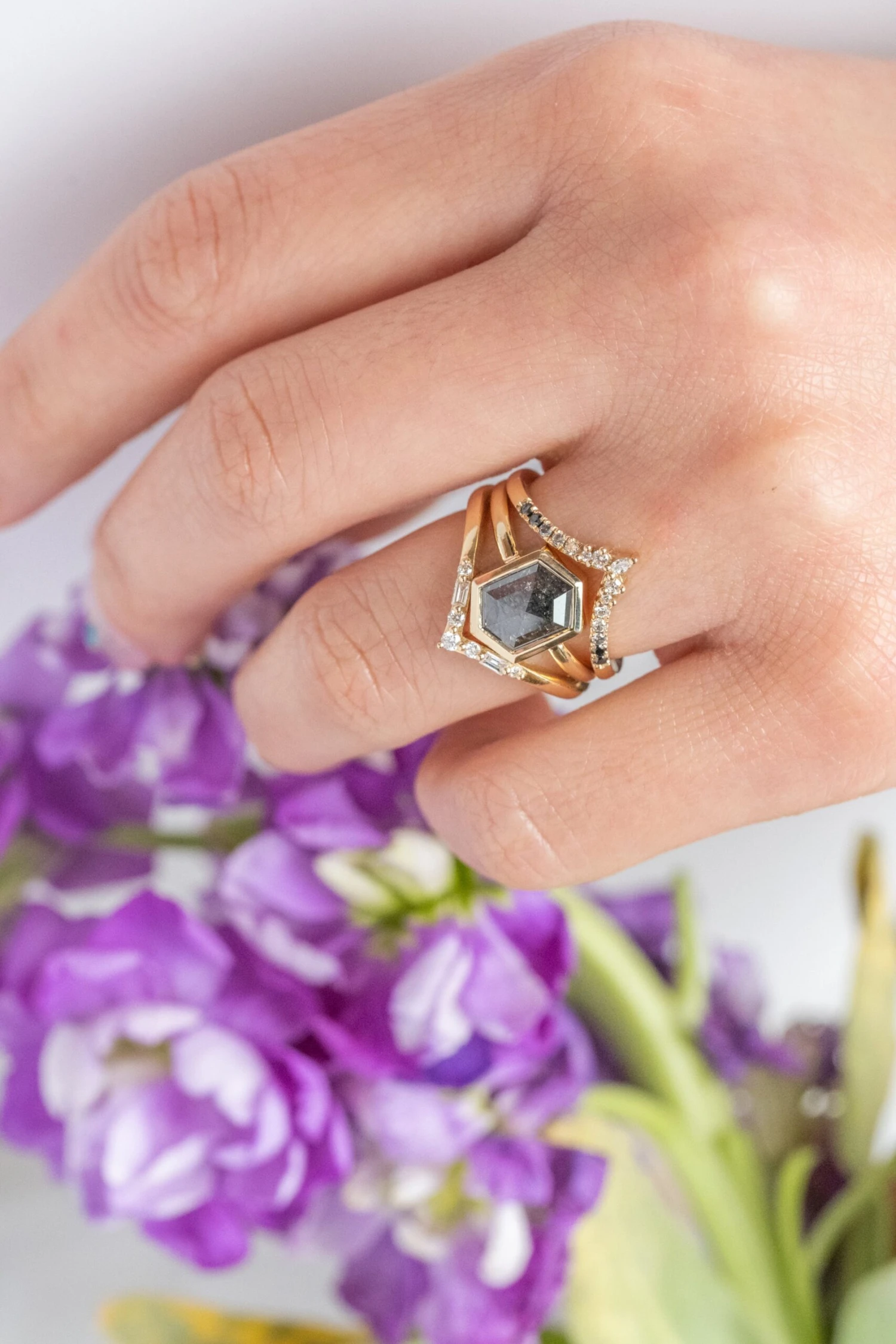 2.21 Carat Black Speckled Hexagon Diamond Engagement Ring, Bezel Jane Setting, 14k Yellow Gold 2 2.21 Carat Black Speckled Hexagon Diamond Engagement Ring, Bezel Jane Setting, 14k Yellow Gold - Image 2