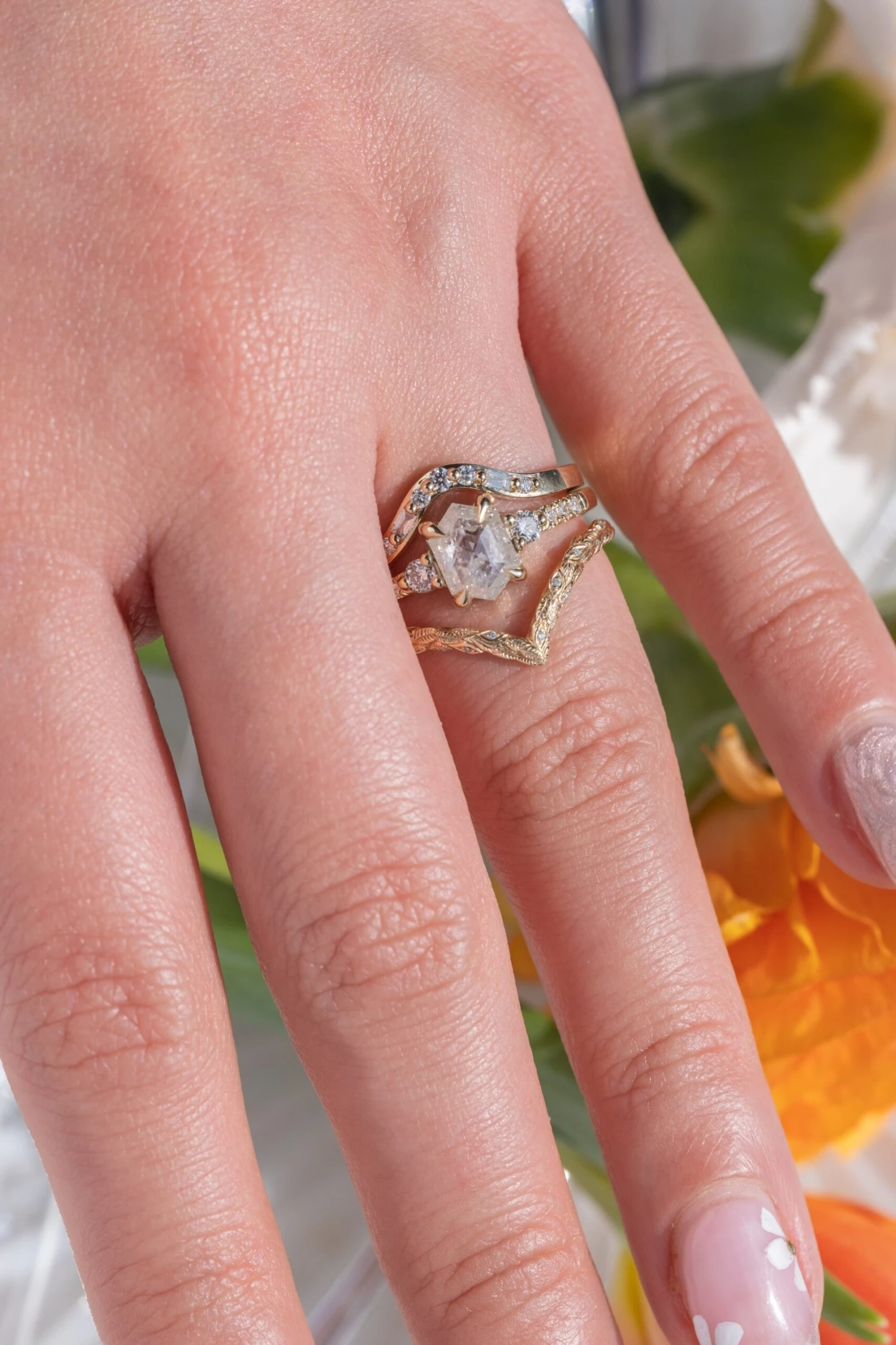 1.03 Carat Icy White Hexagon Diamond Engagement Ring, Eliza Setting, 14K Yellow Gold 2 1.03 Carat Icy White Hexagon Diamond Engagement Ring, Eliza Setting, 14K Yellow Gold - Image 2