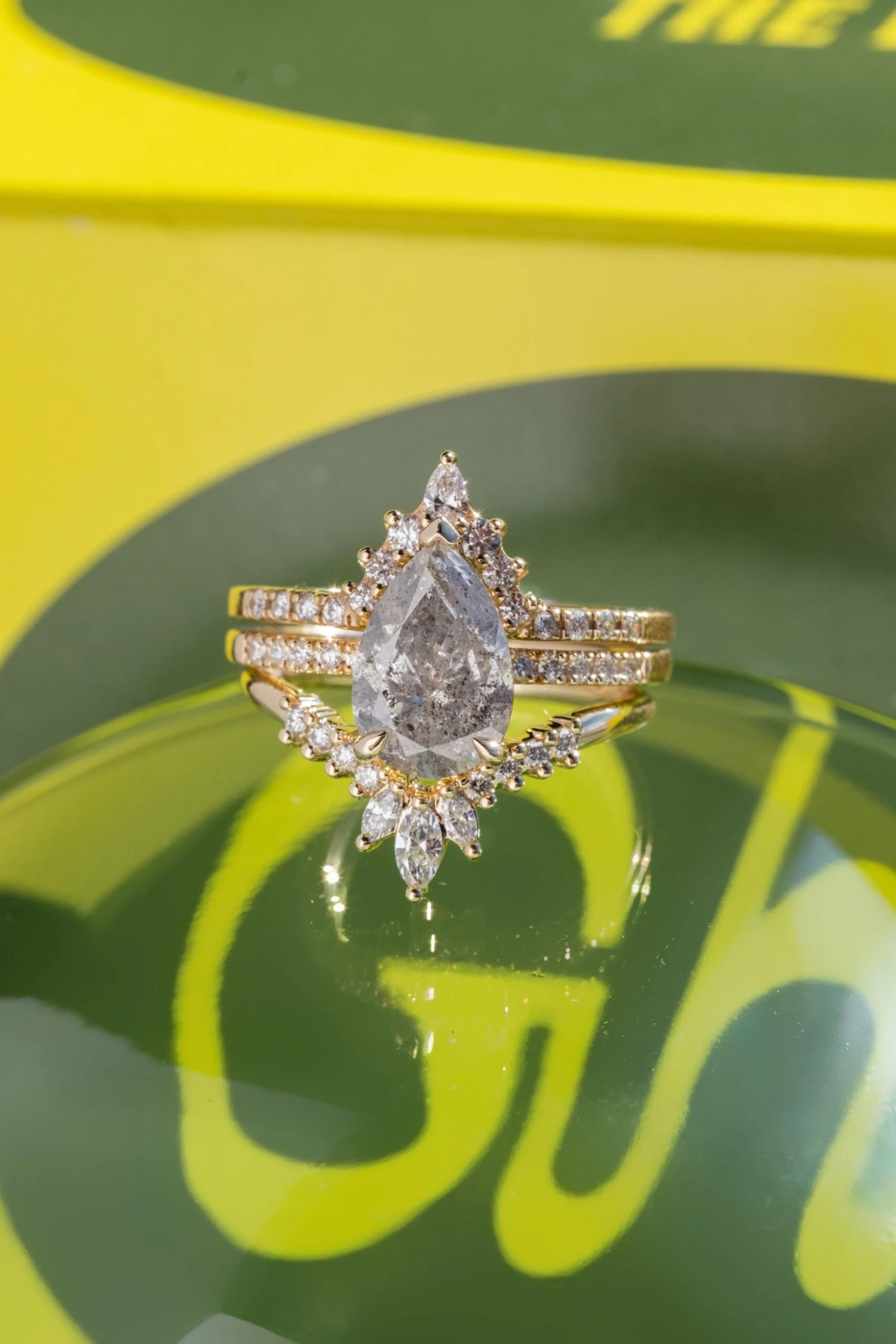 2.15 Carat Salt And Pepper Pear Diamond Engagement Ring, Sirena Setting, 14K Yellow Gold 3 2.15 Carat Salt And Pepper Pear Diamond Engagement Ring, Sirena Setting, 14K Yellow Gold - Image 3