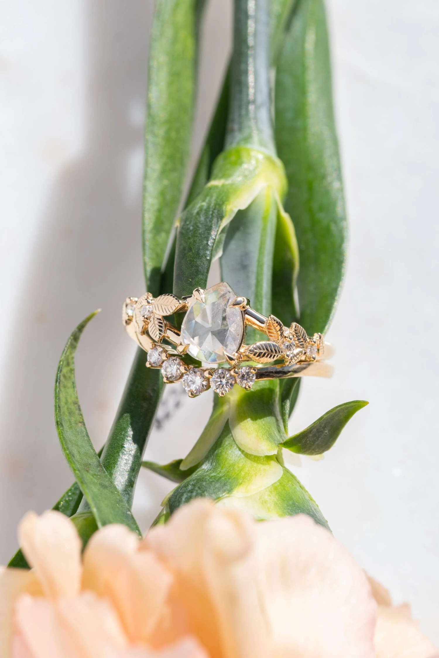 .77 Carat Icy White Pear Diamond Engagement Ring, Thistle Setting, 14k Yellow Gold 4 .77 Carat Icy White Pear Diamond Engagement Ring, Thistle Setting, 14k Yellow Gold - Image 4