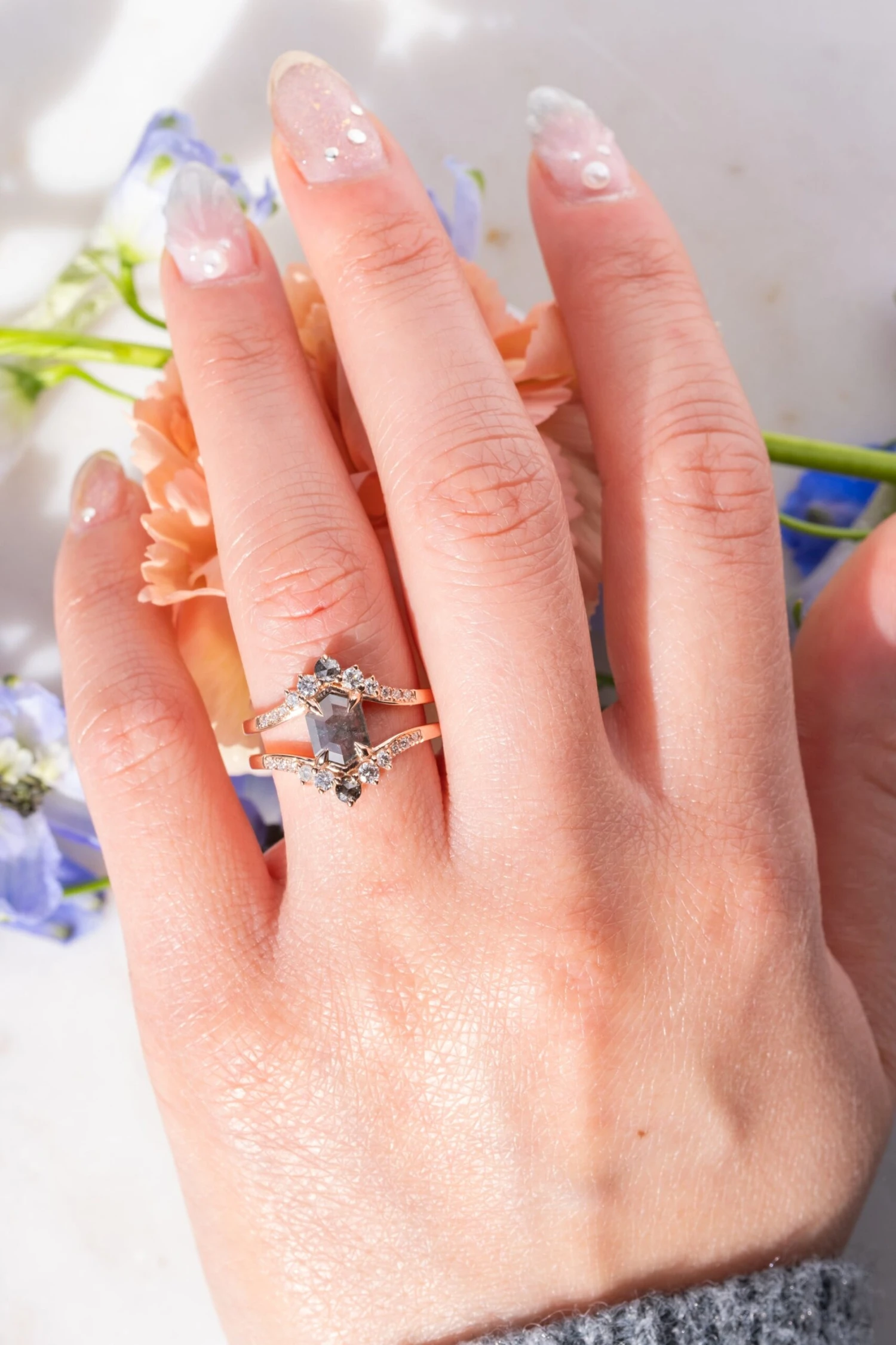 1.58 Carat Salt And Pepper Hexagon Diamond Engagement Ring, Empress Setting, 14K Rose Gold 2 1.58 Carat Salt And Pepper Hexagon Diamond Engagement Ring, Empress Setting, 14K Rose Gold - Image 2