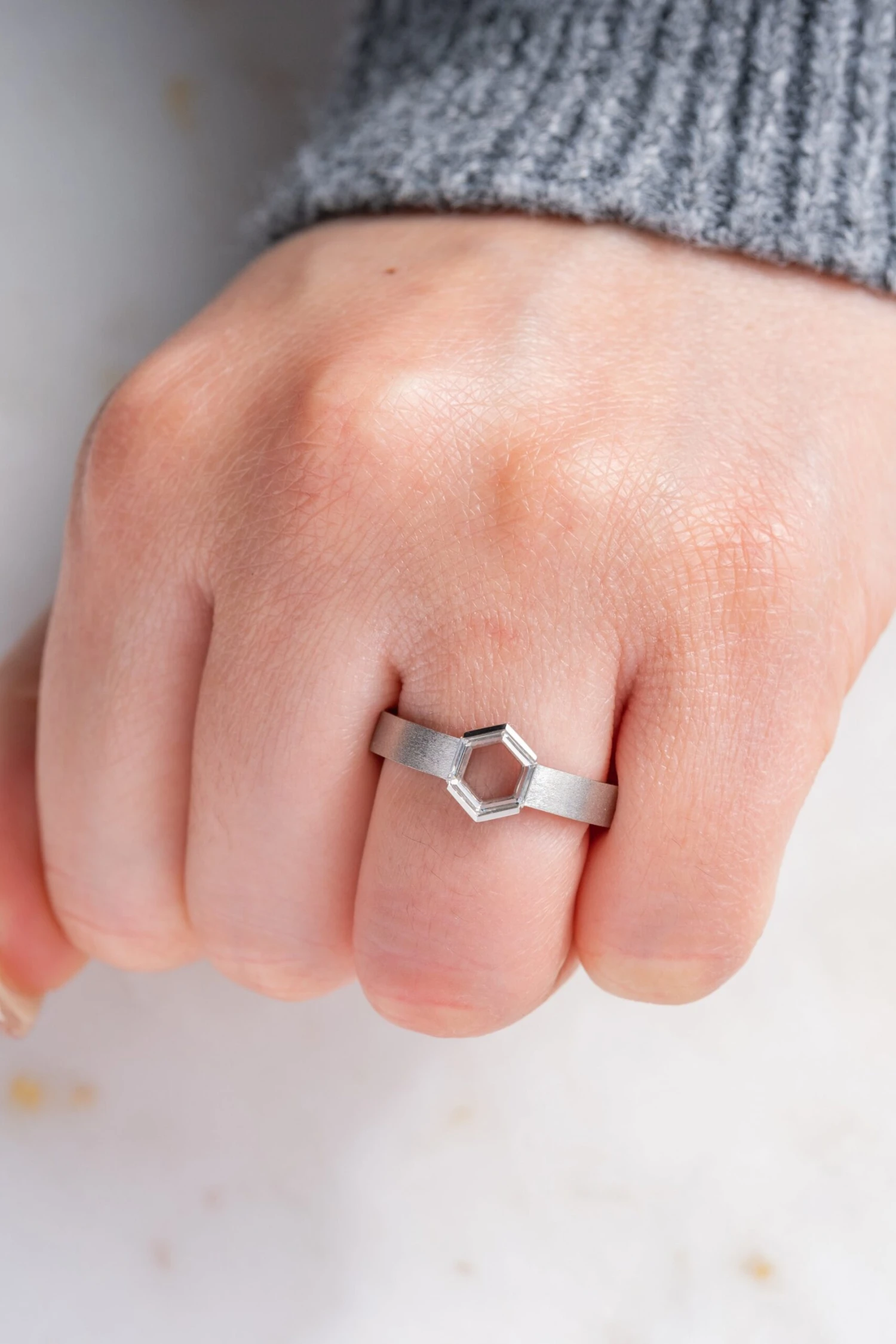 Clear Hexagon Diamond Mens Wedding Band, Orion Setting, Platinum 2 Clear Hexagon Diamond Mens Wedding Band, Orion Setting, Platinum - Image 2